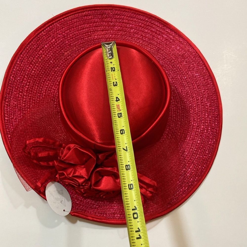 Liya 💯 Straw Women’s Elegant Red Wide-Brimmed Hat With Floral Embellishments - Picture 5 of 14